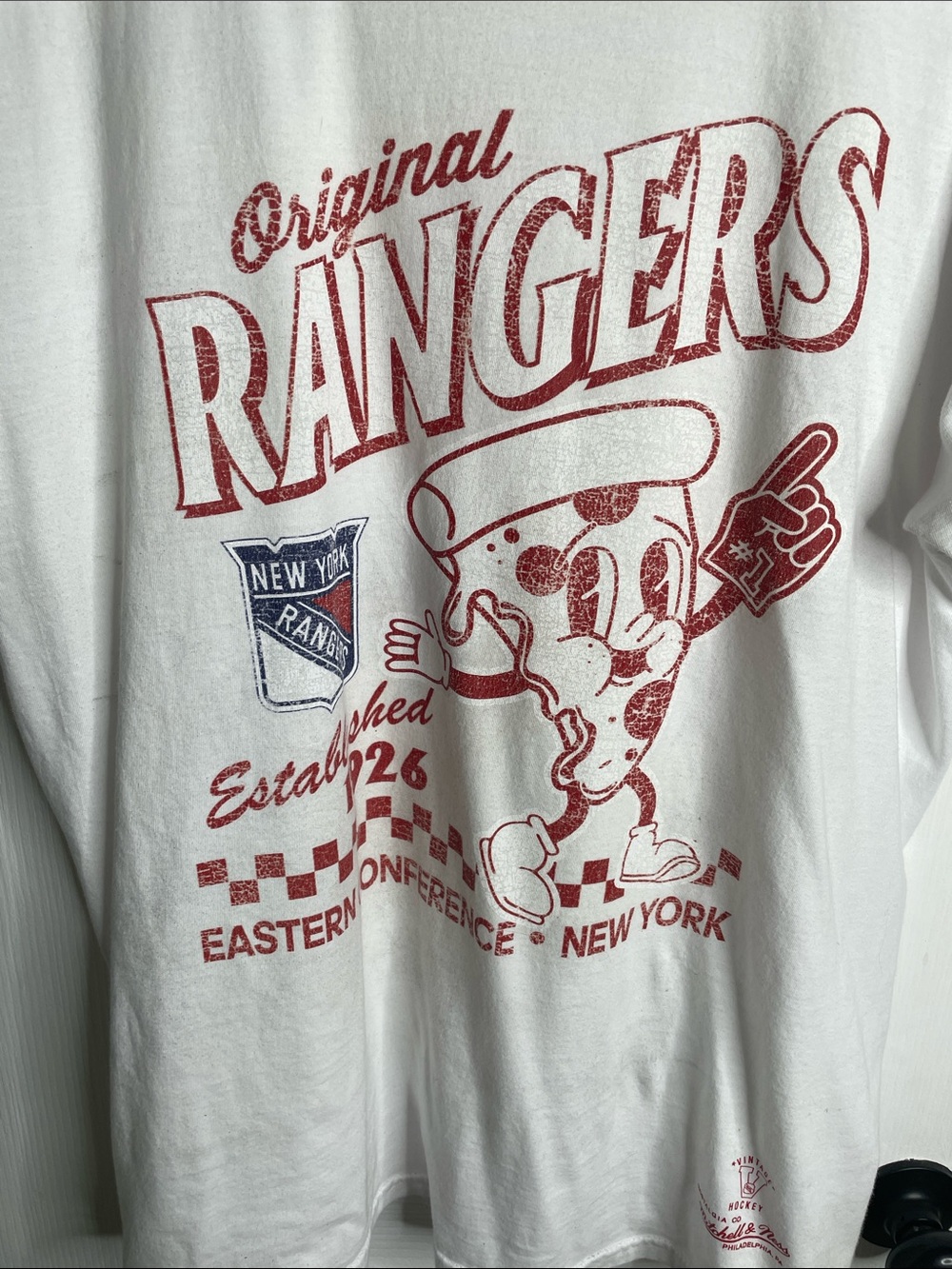 NY Rangers Mitchell & Ness White & Red Rangers Pizza Mascot Graphic Tee